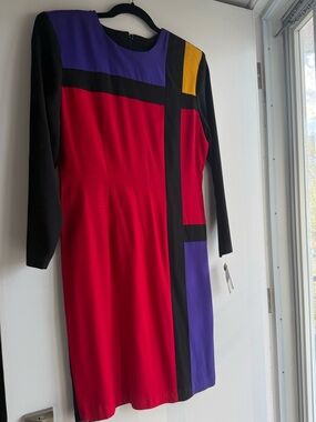 Colorblock Long-Sleeve Shift Dress in Red, Purple & Yellow - vintage 80s